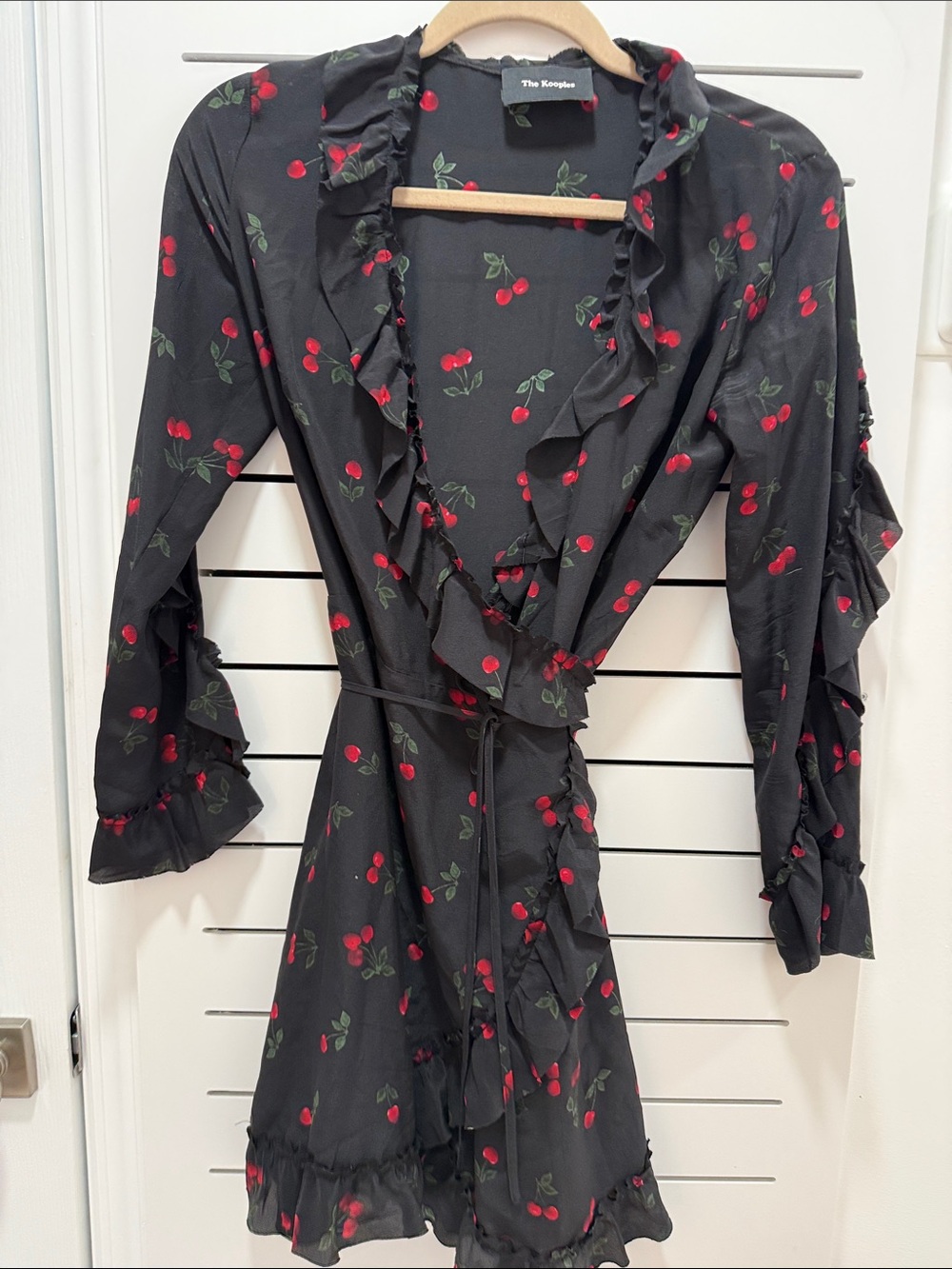 The Kooples Black Cherry-Print Ruffle Wrap Mini Dress